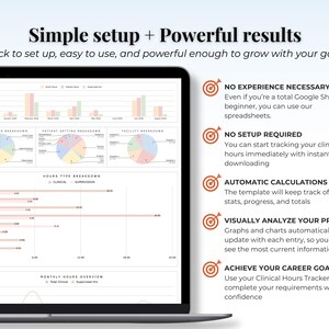 May include: A laptop screen displaying a clinical hours tracker spreadsheet with various bar charts, pie graphs, and data breakdowns. Text includes Simple setup + Powerful results, No experience necessary, No setup required, Automatic calculations, Visually analyze your progress, and Achieve your career goals.