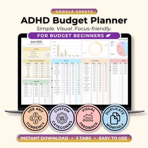 May include: A laptop screen displaying a Google Sheets ADHD Budget Planner with a June 2026 dashboard, charts, and tables. Below are four circular icons labeled Use Any Currency, Custom Categories, Visual Feedback, and Duplicate Monthly.