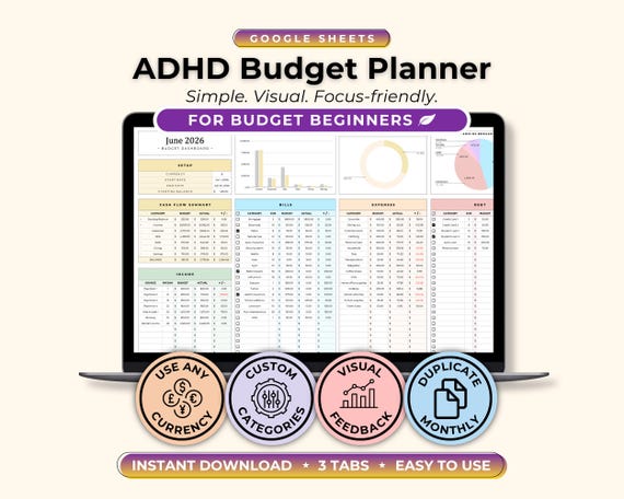 ADHD Budget Planner Beginner Google Sheets, ADHD Friendly Weekly Budget & Expense Tracker, Neurodivergent Finance Planner (Digital Download)