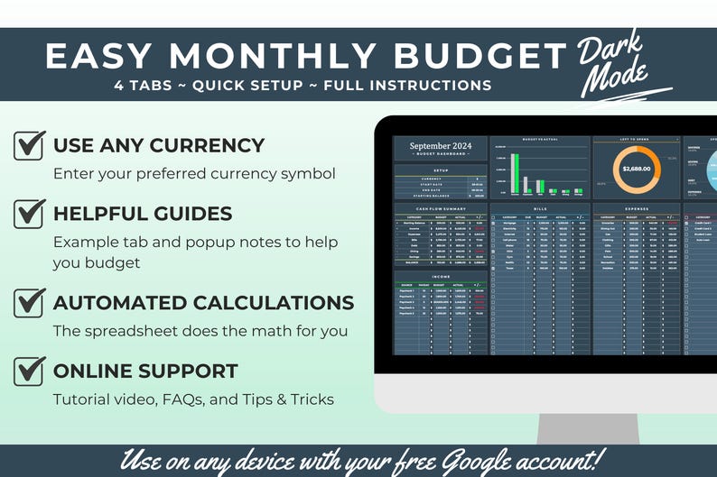 Monthly Budget Spreadsheet Google Sheet Budget Planner Dark Mode ...