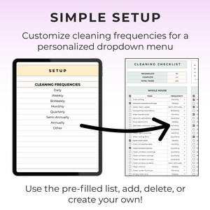 May include: A digital cleaning checklist and setup guide. The image shows a tablet with cleaning frequencies and a checklist. Text includes "Simple Setup" and "Customize cleaning frequencies for a personalized dropdown menu."