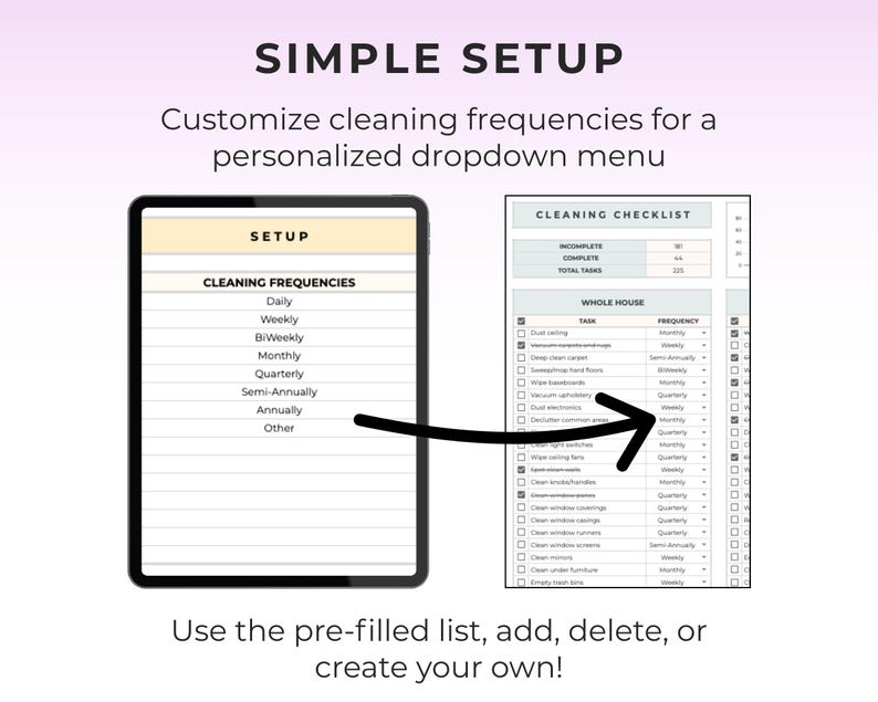 May include: A digital cleaning checklist and setup guide. The image shows a tablet with cleaning frequencies and a checklist. Text includes "Simple Setup" and "Customize cleaning frequencies for a personalized dropdown menu."