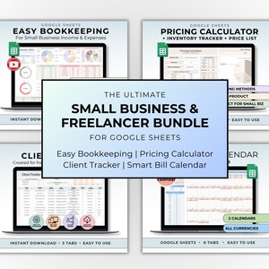 中小企業向けスプレッドシートバンドル 簡単な簿記 在庫追跡 製品価格計算ツール フリーランスクライアント追跡 スマート請求書カレンダー