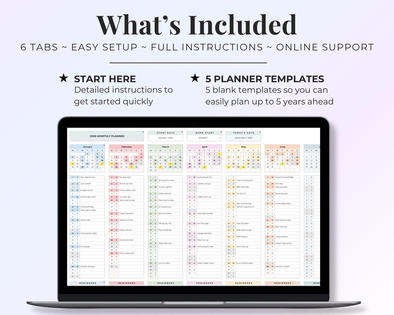 Year At A Glance Monthly Life Planner Year Planning Sheets Template Monthly Plan 12 Month Minimal Digital Planner Simple 5 Year Planner image 3