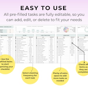 May include: A digital cleaning checklist with the text "EASY TO USE." The checklist includes pre-filled tasks, editable options, and sections for frequency and completion tracking. It is designed to help organize cleaning routines.