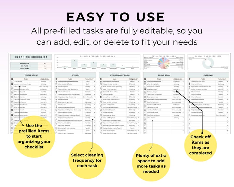 May include: A digital cleaning checklist with the text "EASY TO USE." The checklist includes pre-filled tasks, editable options, and sections for frequency and completion tracking. It is designed to help organize cleaning routines.
