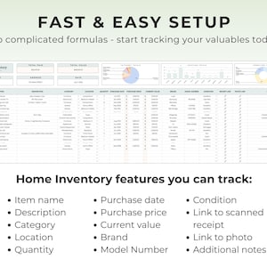 May include: A digital spreadsheet titled "Home Inventory" with the text "Fast & Easy Setup." The spreadsheet includes columns for item name, description, category, location, quantity, purchase date, and more. The image also lists features you can track.