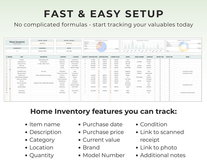 May include: A digital spreadsheet titled "Home Inventory" with the text "Fast & Easy Setup." The spreadsheet includes columns for item name, description, category, location, quantity, purchase date, and more. The image also lists features you can track.