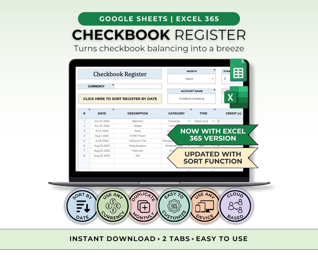 Checkbook Register for Google Sheets Budget Digital Check Balancing ...