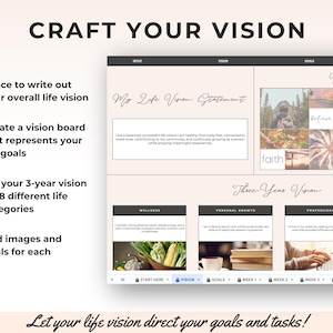 May include: A digital planner with the text "Craft Your Vision" at the top. The planner includes sections for vision boards, life goals, and a three-year vision. The image also includes the text "Let your life vision direct your goals and tasks!"