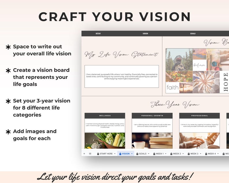May include: A digital planner with the text "Craft Your Vision" at the top. The planner includes sections for vision boards, life goals, and a three-year vision. The image also includes the text "Let your life vision direct your goals and tasks!"