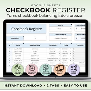 Checkbook Register Google Sheets Budget Digital Financial Organizer for Balancing Bank Account Budget Spreadsheet Ledger Expense Tracker