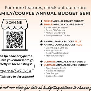 May include: A digital graphic listing the Family/Couple Annual Budget Series. It features a QR code with the text SCAN ME, the URL etsy.me/3K7CkJK, and a list of budget options including Simple, Plus, and Ultimate versions for families and couples.