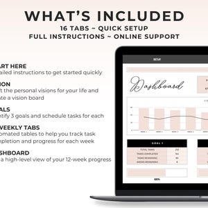 May include: A digital planner displayed on a laptop screen. The screen shows a dashboard with charts and tables, along with the text "WHAT'S INCLUDED" and features like "16 TABS" and "ONLINE SUPPORT". The planner includes sections for vision, goals, and weekly tracking.