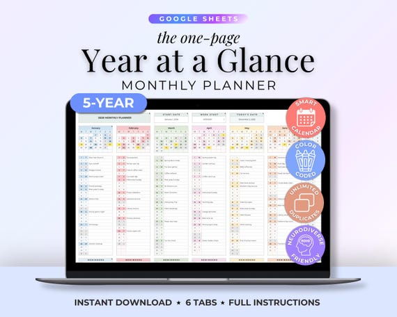 Year At A Glance Monthly Life Planner Year Planning Sheets Template Monthly Plan 12 Month Minimal Digital Planner Simple 5 Year Planner
