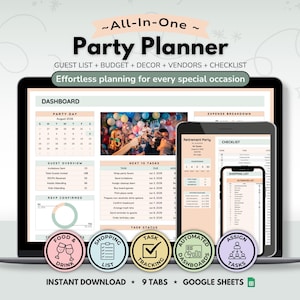 May include: An all-in-one party planner digital template displayed on a laptop, tablet, and smartphone screen. The dashboard features a calendar, guest overview, task list, and expense breakdown. Five circular icons highlight food, drink, shopping, tasks, and dashboards.