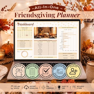 Può includere: Uno schermo di computer portatile che mostra una dashboard di pianificazione Friendsgiving tutto in uno con sezioni per il giorno della festa, panoramica degli ospiti, stato delle attività e riepilogo delle spese. Cinque icone circolari etichettate Food & Drink, Shopping List, Task Tracking, Automated Dashboard e Guest List sono posizionate sotto lo schermo.