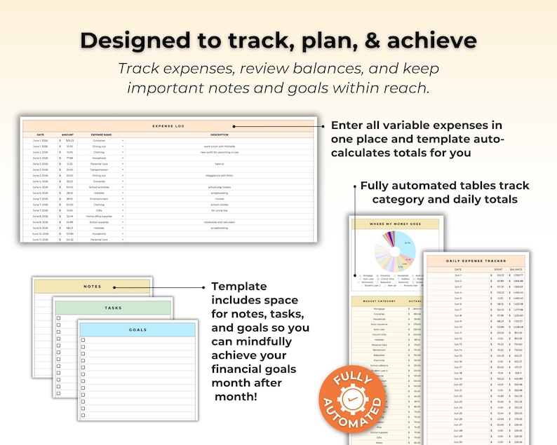 K&ouml;nnte beinhalten: Eine digitale Finanzplanungsvorlage mit Ausgabenprotokoll, t&auml;glichem Ausgabentracker und Tortendiagramm. Das Layout enth&auml;lt Bereiche f&uuml;r Notizen, Aufgaben und Ziele mit Textbeschriftungen wie Designed to track, plan, & achieve und Fully automated.