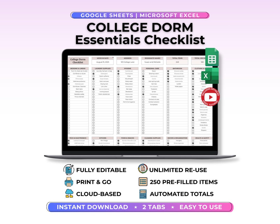 College Dorm Room Checklist Spreadsheet Google Sheet Excel Packing List ...