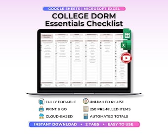 College Dorm Room Checklist Spreadsheet Google Sheet Excel Packing List Organizer Moving Checklist Apartment Essentials Off To College