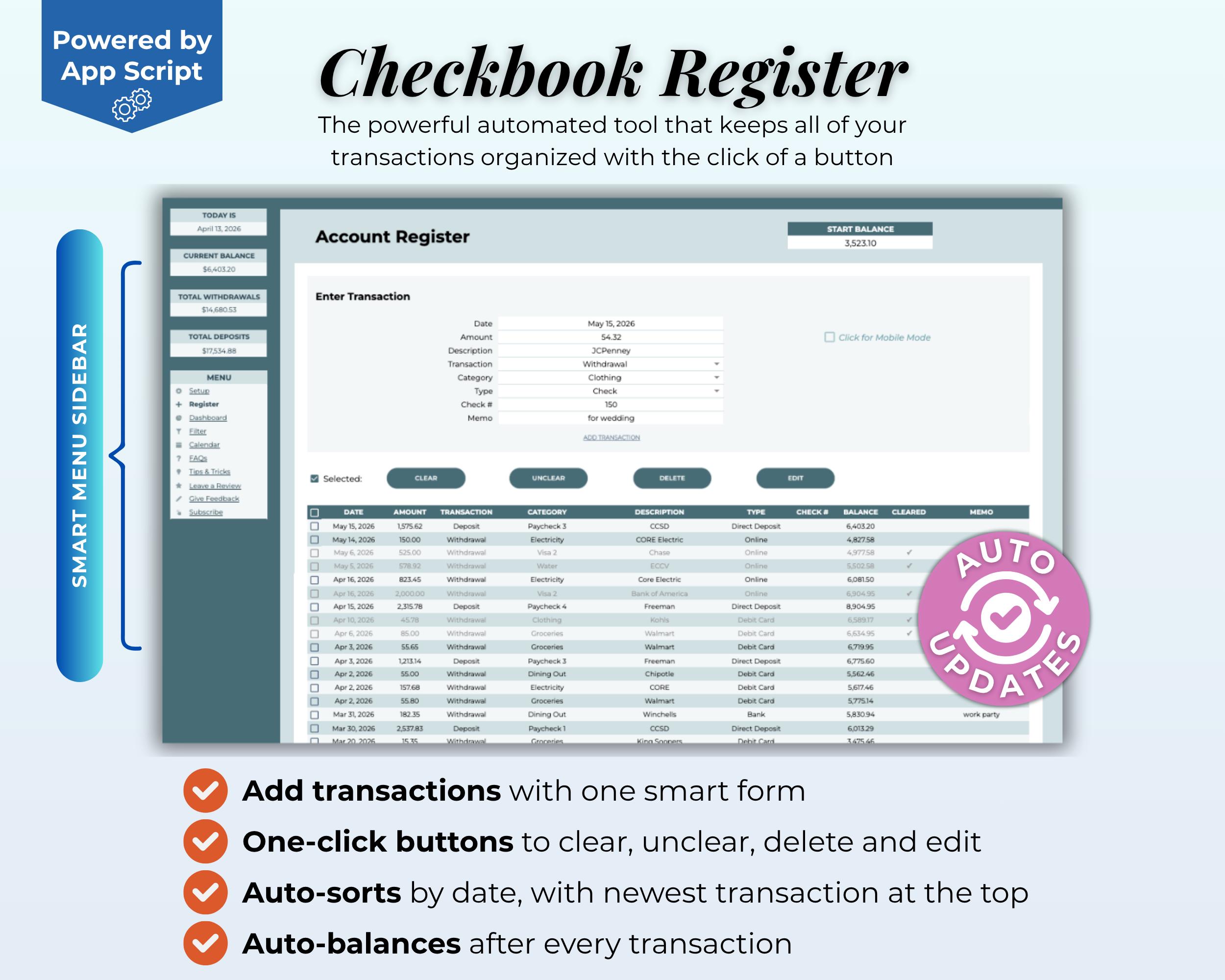 Checkbook Register for Google Sheets Budget Digital Check Balancing ...