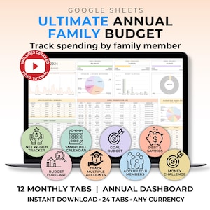 May include: A digital Google Sheets Ultimate Annual Family Budget template displayed on a laptop screen. The interface features financial charts, transaction logs, and eight circular icons for tracking net worth, bills, goals, debt, and savings.