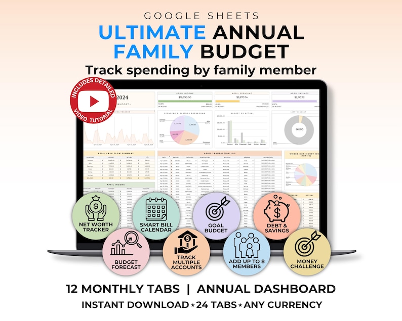 May include: A digital Google Sheets Ultimate Annual Family Budget template displayed on a laptop screen. The interface features financial charts, transaction logs, and eight circular icons for tracking net worth, bills, goals, debt, and savings.