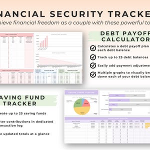May include: Financial security trackers including a debt payoff calculator and saving fund tracker. The digital templates feature tables, bar charts, and pie charts in pink, purple, and green tones to organize debt balances and savings goals.