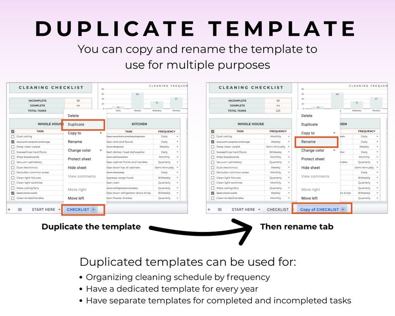 May include: A digital document titled "DUPLICATE TEMPLATE" with instructions to copy and rename. The image shows a cleaning checklist with options to duplicate and rename the template. The text explains how to organize cleaning schedules.