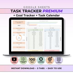 May include: A laptop screen displaying a Google Sheets Task Tracker Premium interface with a 2025 matrix, task lists, and progress charts. Below the screen are six circular icons labelled Video Tutorial, Eisenhower Matrix, 100 Tasks, Customize, Goal Tracker, and Task Calendar.