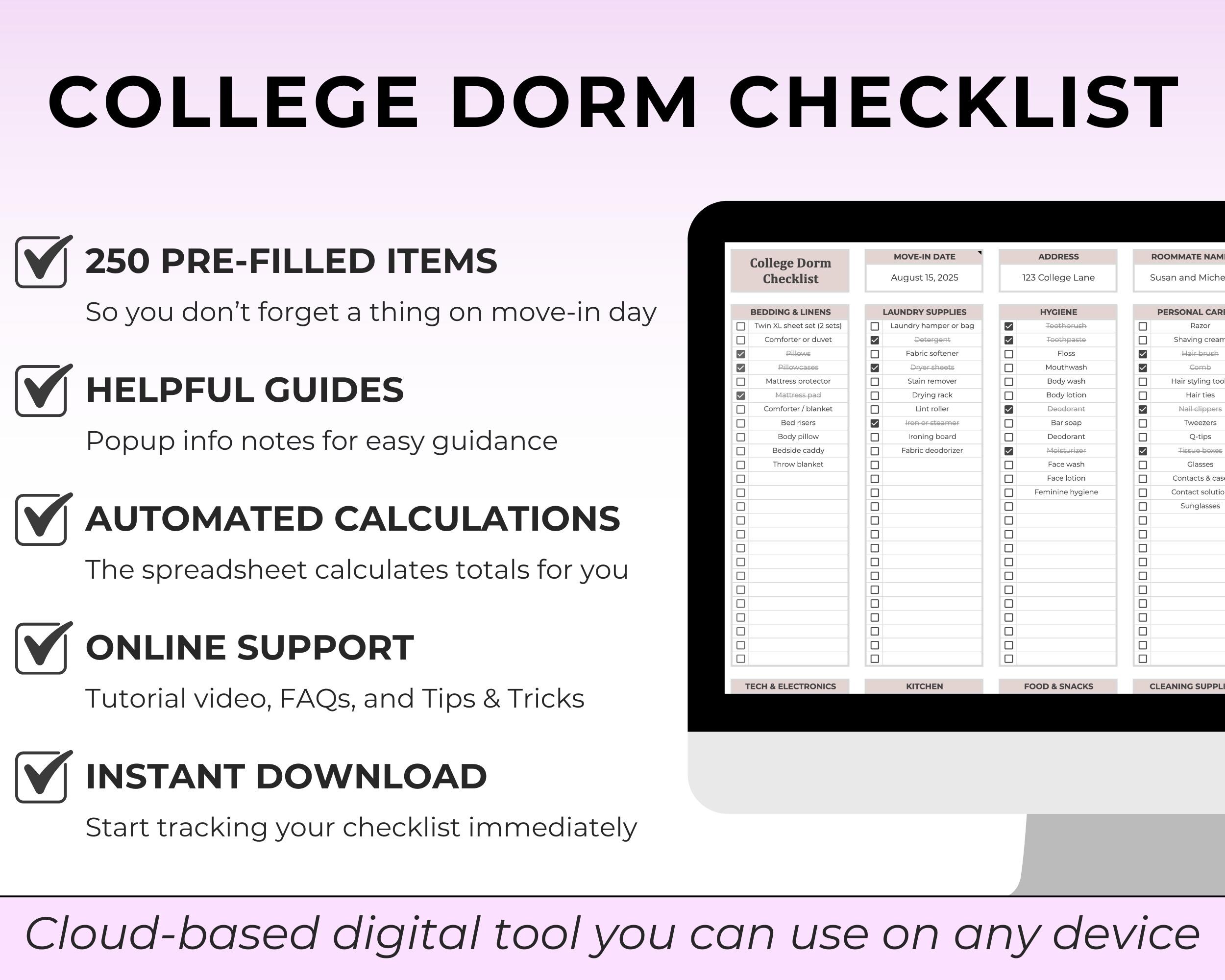 College Dorm Room Checklist Template Google Sheet Excel Packing List ...