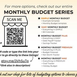 K&ouml;nnte beinhalten: Ein digitaler Flyer f&uuml;r eine monatliche Budgetserie mit einem QR-Code unter einem Shop-Symbol. Der Text listet f&uuml;nf Stufen auf: Simple, Easy, Plus, Premium und Max, mit Details zu enthaltenen Vorlagen wie Rechnungskalendern und Spar-Trackern.