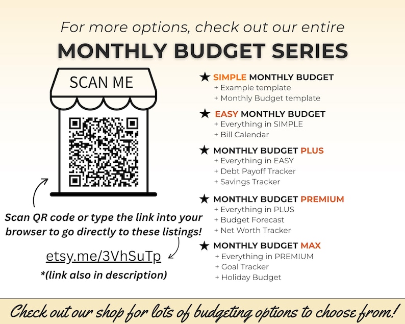 K&ouml;nnte beinhalten: Ein digitaler Flyer f&uuml;r eine monatliche Budgetserie mit einem QR-Code unter einem Shop-Symbol. Der Text listet f&uuml;nf Stufen auf: Simple, Easy, Plus, Premium und Max, mit Details zu enthaltenen Vorlagen wie Rechnungskalendern und Spar-Trackern.
