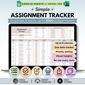 Assignment Tracker Google Sheet Excel Template Academic Planner Course Planner ADHD School Planner College Student Spreadsheet