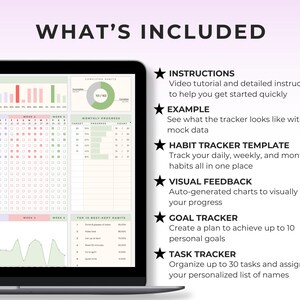 May include: A digital habit tracker displayed on a laptop screen. The screen shows charts, graphs, and a calendar-style layout for tracking daily, weekly, and monthly habits. The text "WHAT'S INCLUDED" is at the top, with bullet points listing features like instructions and a goal tracker.