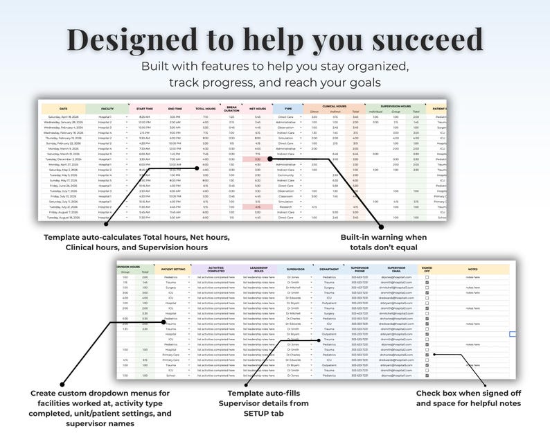 May include: A digital spreadsheet template featuring columns for date, facility, hours, and clinical data. Text reads: Designed to help you succeed. Built with features to help you stay organized, track progress, and reach your goals. Includes auto-calculation, dropdown menus, and checkboxes.