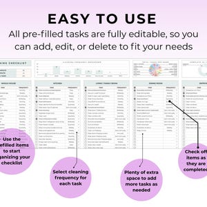 May include: A digital cleaning checklist with editable pre-filled tasks. The checklist includes sections for the whole house, kitchen, living room, dining room, and entryway. The text on the image says "EASY TO USE".