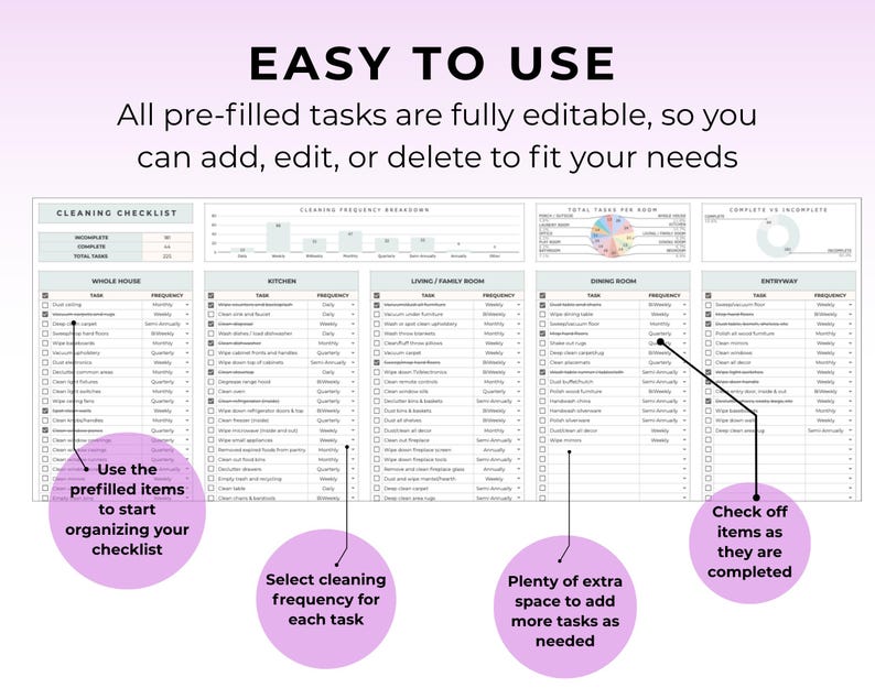 May include: A digital cleaning checklist with editable pre-filled tasks. The checklist includes sections for the whole house, kitchen, living room, dining room, and entryway. The text on the image says "EASY TO USE".