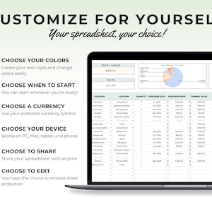 May include: A laptop screen displays a spreadsheet with data, charts, and graphs. Text on the screen reads "Customize for Yourself" and "Choose Your Colors, Currency, Device, Share, and Edit." The laptop is on a white background.