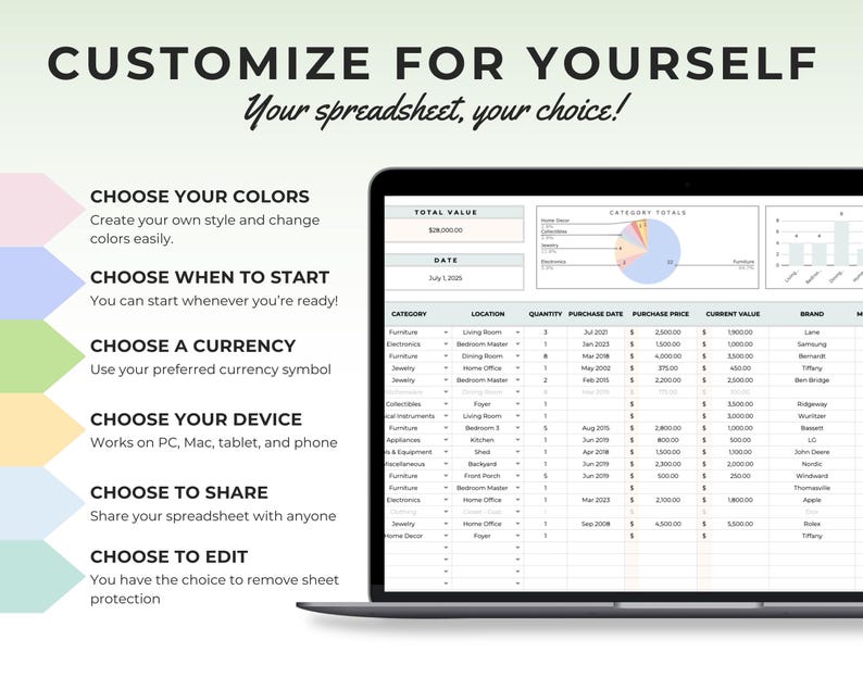 May include: A laptop screen displays a spreadsheet with data, charts, and graphs. Text on the screen reads "Customize for Yourself" and "Choose Your Colors, Currency, Device, Share, and Edit." The laptop is on a white background.