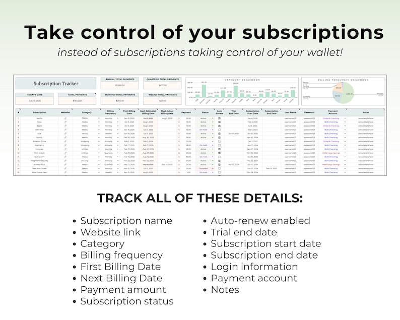 Subscription Tracker Google Sheet Template Recurring Bills Tracker ...