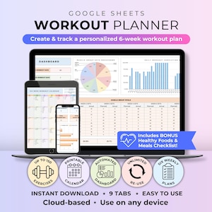 Könnte beinhalten: Ein digitaler Trainingsplaner, der auf einem Laptop, Tablet und Smartphone angezeigt wird. Der Planer enthält einen 6-Wochen-Trainingsplan, ein Dashboard und einen Kalender. Das Bild enthält auch Symbole für Übungen, Kalender, Dashboard, Wiederverwendung und Pläne.