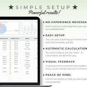 May include: A laptop screen displays a spreadsheet with financial data, including purchase dates, prices, and brand names. The text "SIMPLE SETUP, Powerful results!" is at the top. Additional text highlights features like easy setup and automatic calculations.