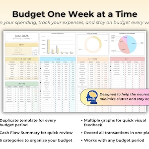 K&ouml;nnte beinhalten: Eine digitale Budgetplaner-Vorlage mit dem Titel Budget One Week at a Time f&uuml;r Juni 2026. Das Layout enth&auml;lt Abschnitte f&uuml;r Cashflow, Einkommen, Rechnungen, Ausgaben und Schulden sowie Balken- und Kreisdiagramme. Eine Grafik mit einem Gehirnsymbol besagt Designed to help the neurodiverse minimize clutter and stay organized.