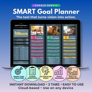May include: A digital SMART Goal Planner for Google Sheets displayed on a laptop screen. The interface features a dashboard with charts, goal categories, and action plans. Five circular icons below highlight structure, questions, steps, progress, and dashboard.