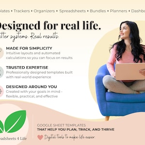 K&ouml;nnte beinhalten: Eine digitale Marketinggrafik f&uuml;r EZ Spreadsheets 4 Life mit dem Text Designed for real life. Better systems. Real results. Sie listet Funktionen wie Made for Simplicity, Trusted Expertise und Designed Around You mit entsprechenden Symbolen auf.