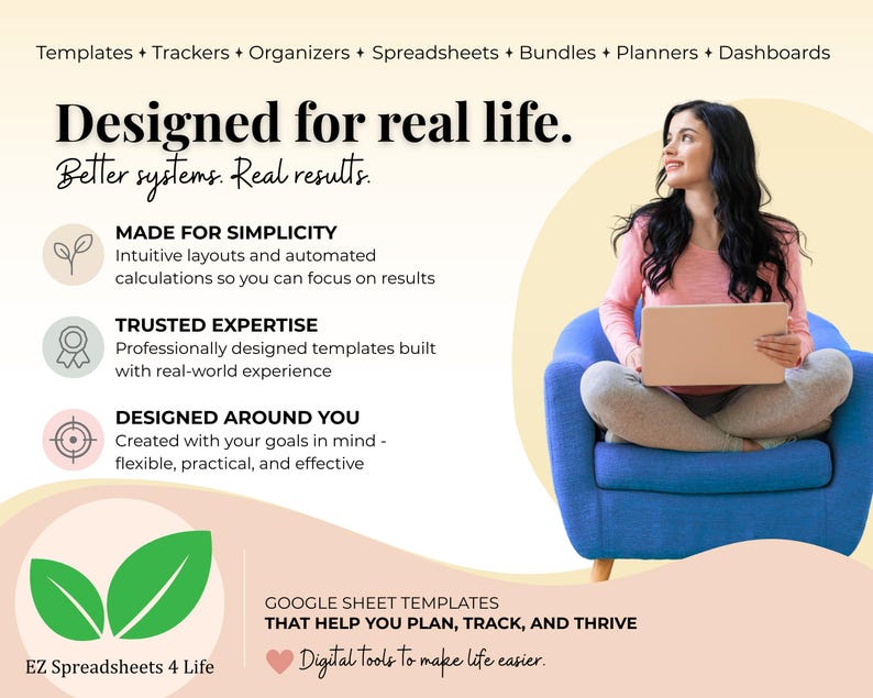 K&ouml;nnte beinhalten: Eine digitale Marketinggrafik f&uuml;r EZ Spreadsheets 4 Life mit dem Text Designed for real life. Better systems. Real results. Sie listet Funktionen wie Made for Simplicity, Trusted Expertise und Designed Around You mit entsprechenden Symbolen auf.