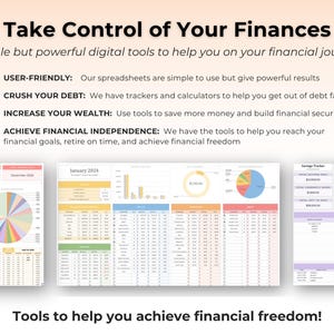 May include: A digital financial planning tool featuring three spreadsheet layouts with pie charts, bar graphs, and data tables. The text reads: Take Control of Your Finances, User-Friendly, Crush Your Debt, Increase Your Wealth, Achieve Financial Independence.