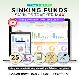 May include: A Google Sheets Sinking Funds Savings Tracker Max digital template displayed on a laptop, tablet, and smartphone screen. The interface features a dashboard with bar charts, pie charts, and financial data tables for tracking savings goals.