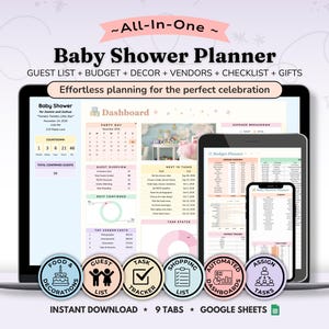Könnte beinhalten: Ein digitaler Babyparty-Planer auf einem Laptop, Tablet und Smartphone. Die Benutzeroberfläche zeigt ein Dashboard mit Gästeliste, Budgetplaner, Anbieterkosten und Aufgabenliste. Sechs runde Symbole stehen für Essen, Gäste, Aufgaben, Einkaufsliste, Dashboards und Aufgabenzuweisung.
